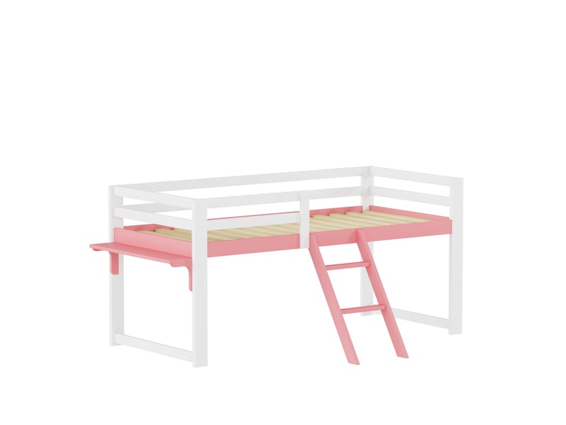 Lit mezzanine enfant 90x200 cm blanc et rose - lit surélevé en pin massif avec barrières de sécurité, échelle et petite table de chevet intégrée - Conforama E