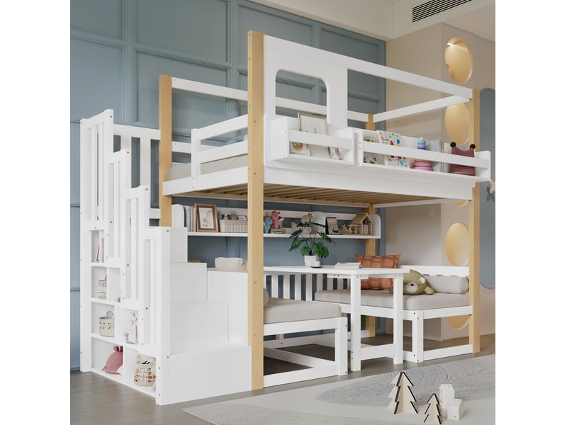  Lit superposé 90x200 cm avec table rabattable, escalier de rangement et garde-corps, mdf, blanc naturel, sans matelas  - Conforama B