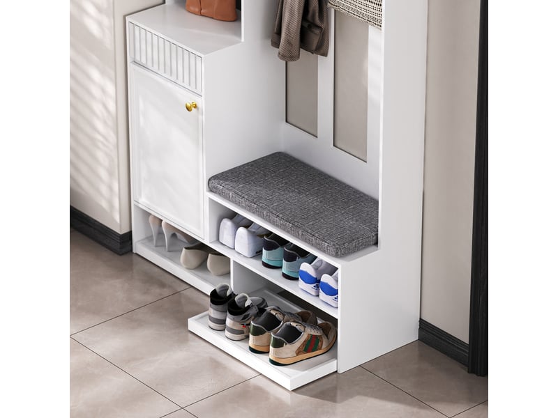  Ensemble armoire, ensemble complet d'armoire d'entrée avec banc, 4 crochets, portes et tiroirs - blanc, dimensions compactes 100×180×35 cm (l×h×p) N657P29427071W - Conforama E