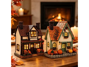 Décoration automne lumineuse 2 pièces, maison de village en résine avec led blanc chaud, décoration de table, noir et blanc