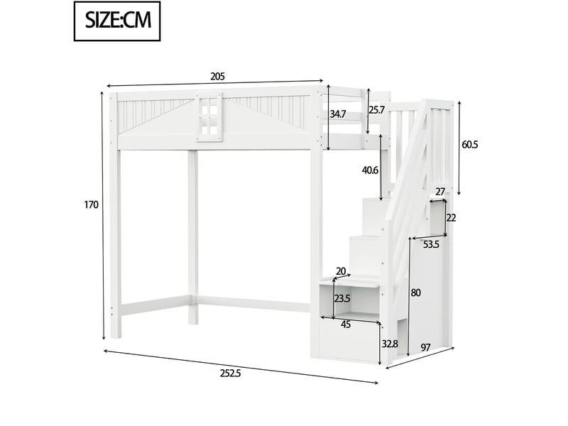 Lit mezzanine 90 x 200 cm blanc avec échelle réversible et rangement latéral - Conforama C