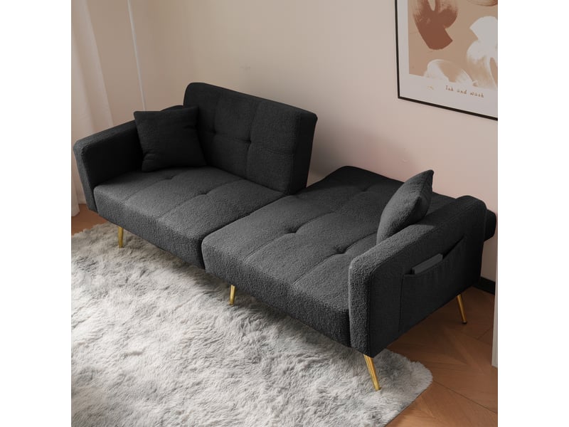  Canapé convertible 3 places – canapé-lit avec dossier inclinable, coussins, poches latérales, pieds métal doré, structure en bois, tissu bouclé – gris anthracite  - Conforama E