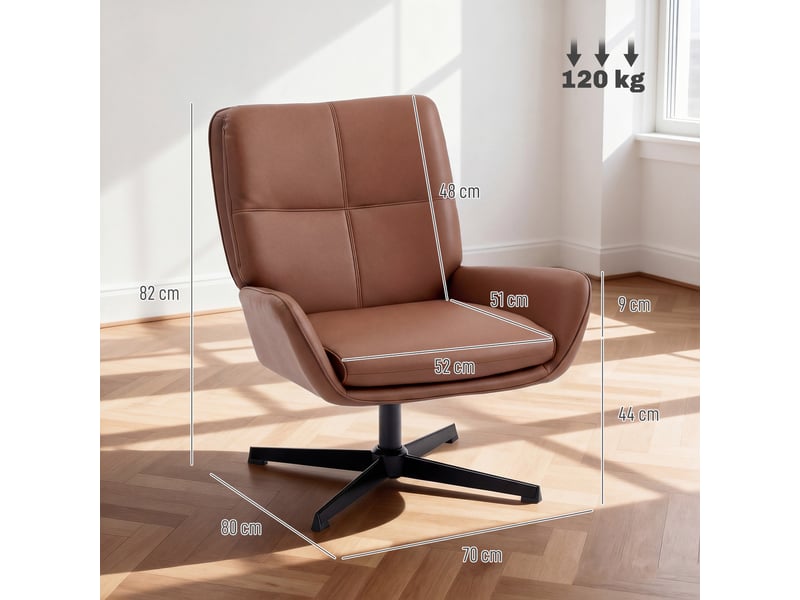  Fauteuil de salon revêtu de cuir pu, fauteuil de lecture avec assise rembourrée, accoudoirs et pieds en métal, marron  - Conforama E