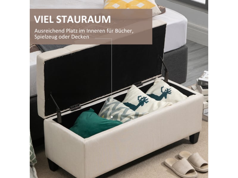  Banc coffre crème 100x40x44 cm, polyester aspect lin, bois d’hévéa, avec rangement  - Conforama C