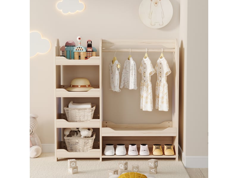  Portant enfant 110x39x110 cm | 4 étagères ouvertes, tringle à vêtements, rangement pour chambre d'enfant, bois naturel  - Conforama B