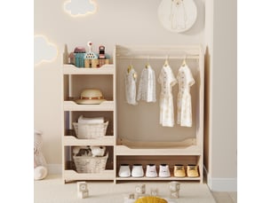 Portant enfant 110x39x110 cm | 4 étagères ouvertes, tringle à vêtements, rangement pour chambre d'enfant, bois naturel
