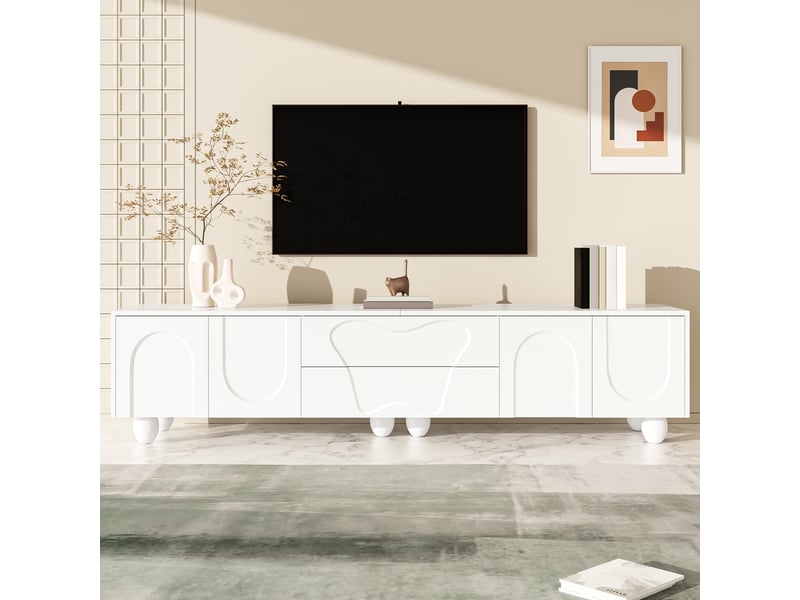  Meuble tv 180 cm blanc en panneaux de particules avec pieds en bois massif et rangement evarich - Conforama D