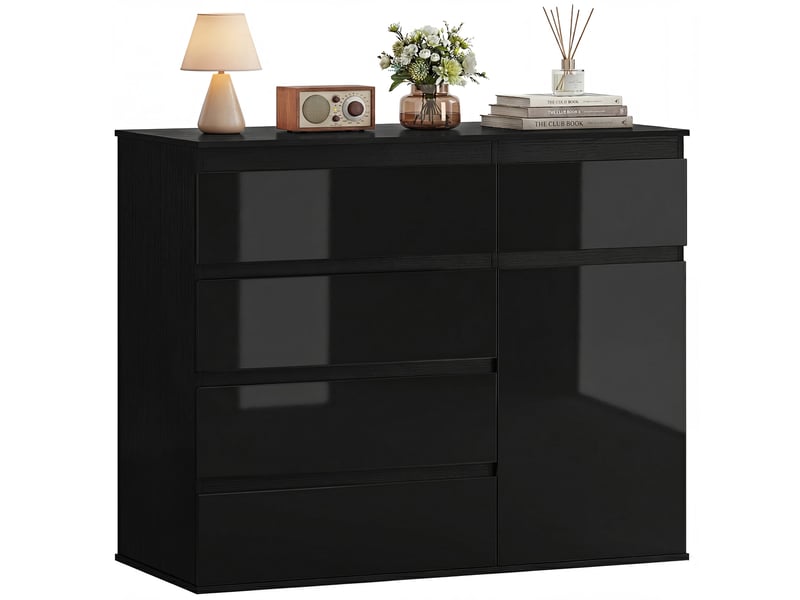  Buffet moderne, buffet de rangement avec 5 tiroirs, étagère réglable, porte à fermeture amortie, noir laqué brillant  - Conforama A