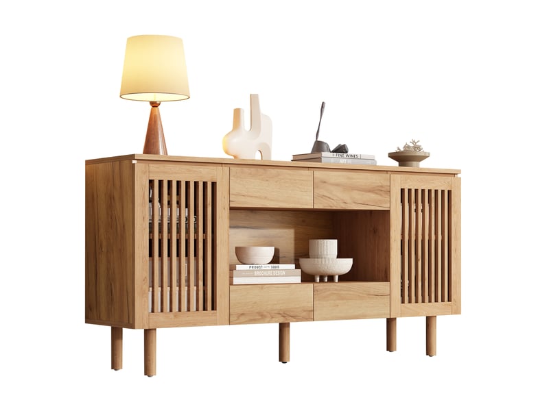  Buffet 140x35x71 cm avec 4 tiroirs et 2 portes coloris bois naturel  - Conforama A