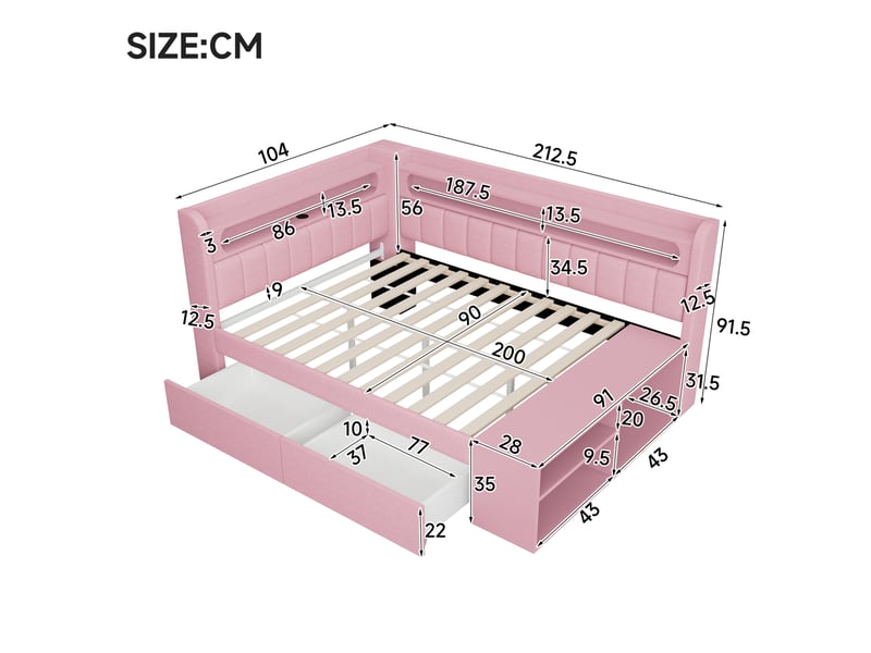 Modenvie lit de jour 90x200 cm - led, usb et 2 tiroirs avec meuble à chaussures - pour chambre - rose  - Conforama C