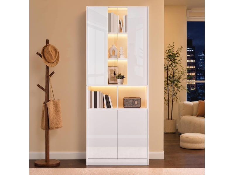  Armoire haute blanche avec éclairage led contrôlable par application, portes doubles, fenêtre acrylique  - Conforama B