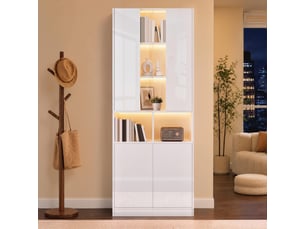 Armoire haute blanche avec éclairage led contrôlable par application, portes doubles, fenêtre acrylique