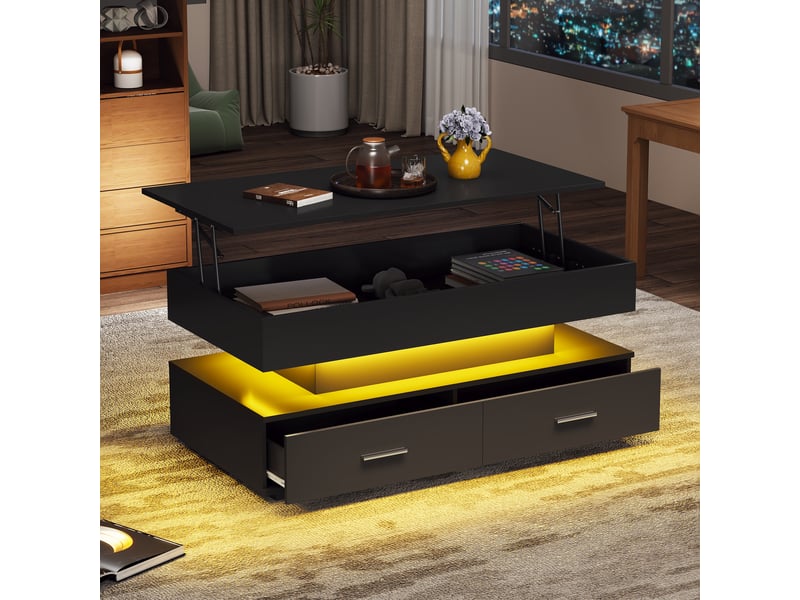  Table basse relevable noire avec éclairage led, plateau hydraulique, panneau de particules, 100x50x44 cm.  - Conforama R