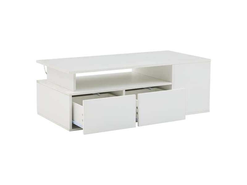  Table basse blanche brillante 100x50x35 cm, table de salon avec led contrôlable par application, 2 tiroirs et 3 étagères  - Conforama W