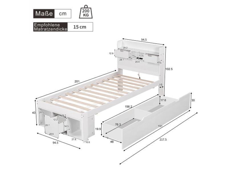  Lit enfant 90x200 cm, lit simple, port usb, 5 tiroirs, compartiments rangement, étagères rangement, blanc, sans matelas  - Conforama C