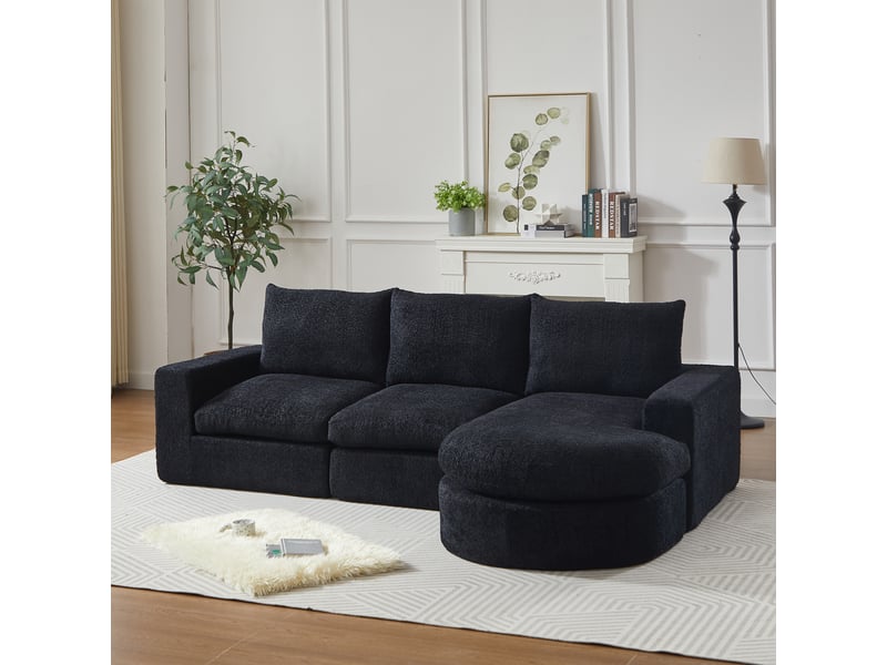  Canapé d’angle modulable 3 places en tissu chenille, méridienne réversible, 250 × 160 × 80 cm, noir  - Conforama D