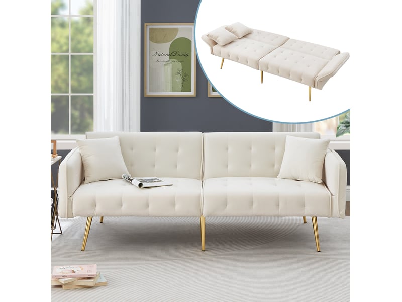  Canapé-lit 2 places modenvie convertible en velours blanc cassé 178 x 82 x 70 cm  - Conforama D