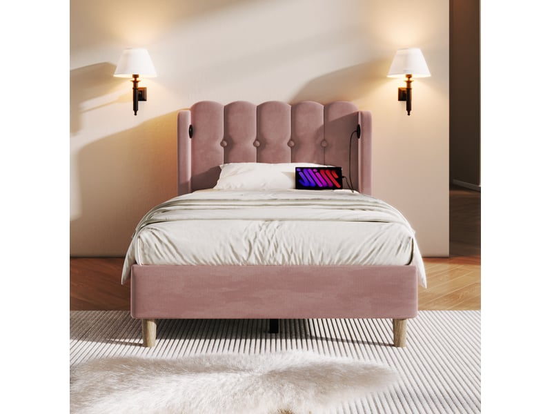  Lit simple 90x200 cm en velours rose avec sommier à lattes et ports usbusb-c  - Conforama D