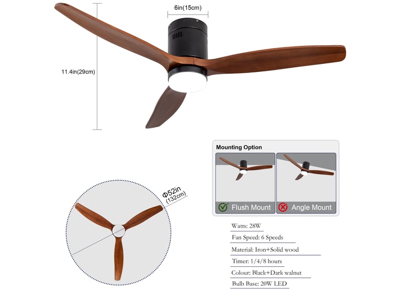  Ventilateur de plafond 132 cm noir et noyer foncé avec led et télécommande  - Conforama C
