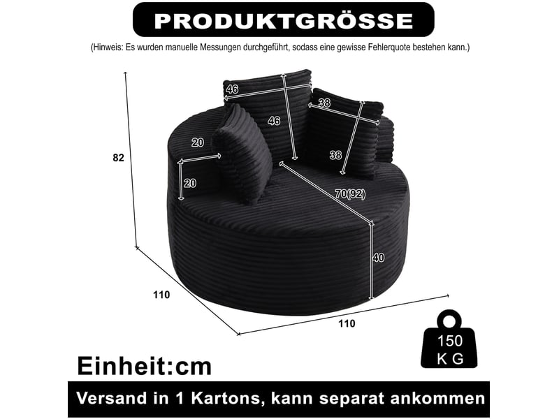Fauteuil rond 110x110x82 cm avec trois coussins décoratifs, en velours côtelé, noir - Conforama C