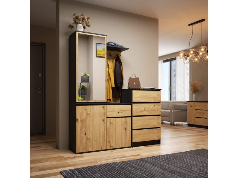  Ensemble de meubles d'entrée entro noir, chêne artisan avec armoire et miroir 95 cm 3 portes 1 tiroir 7 étagères 95x35x183 cm Ensemble d'entrée ENTRO - Conforama E