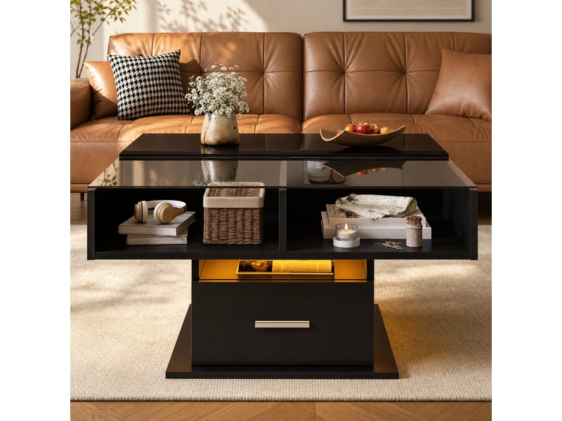  Table basse relevable avec led bluetooth, rangement et tiroir, 78 x 78 cm, noire  - Conforama B