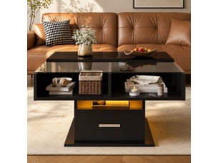 Table basse relevable avec led bluetooth, rangement et tiroir, 78 x 78 cm, noire