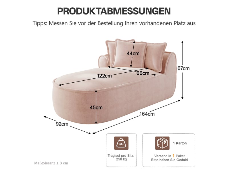  Canapé méridienne gauche 2 places en chenille rose avec coussins inclus et assise profonde 164 cm  - Conforama C