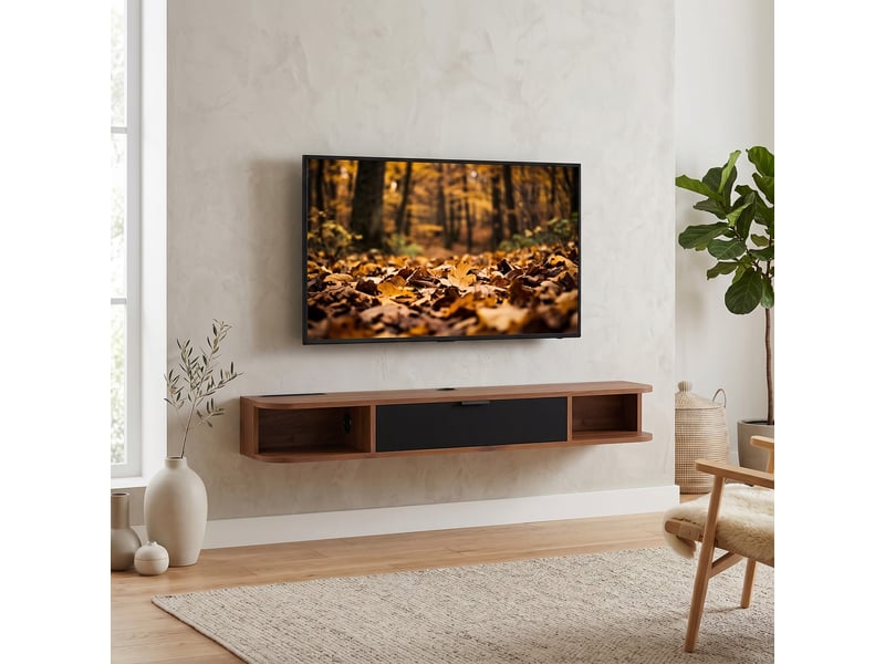  Meuble tv suspendu, meuble télé pour téléviseur jusqu'à 50 pouces, tiroir rabattable, 2 étagères, noyer, 120x24x16cm  - Conforama D