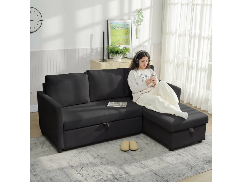  Canapé d'angle convertible, canapé-lit 3 places 192 cm avec méridienne réversible, gris anthracite, rangement caché  - Conforama A