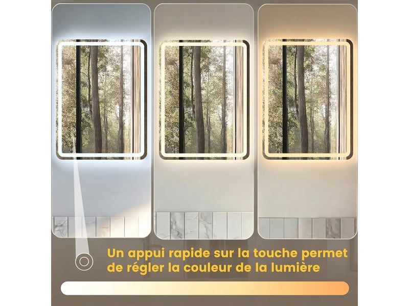  Miroir de salle de bain led 60x80 cm sans cadre, mural, 3 couleurs de lumière  - Conforama E