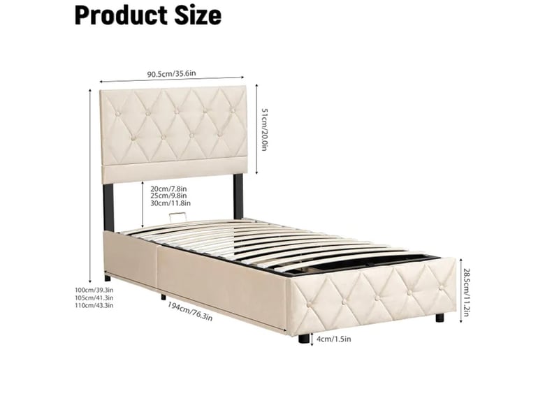  Lit coffre 90x190 cm avec sommier et tête de lit, velours, beige  - Conforama C