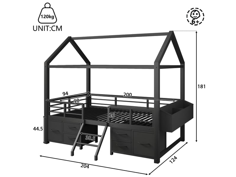  Lit mezzanine enfant 90 x 200 cm avec toit maison, éclairage led et plusieurs tiroirs en tissu, structure robuste en métal noir evarich - Conforama C