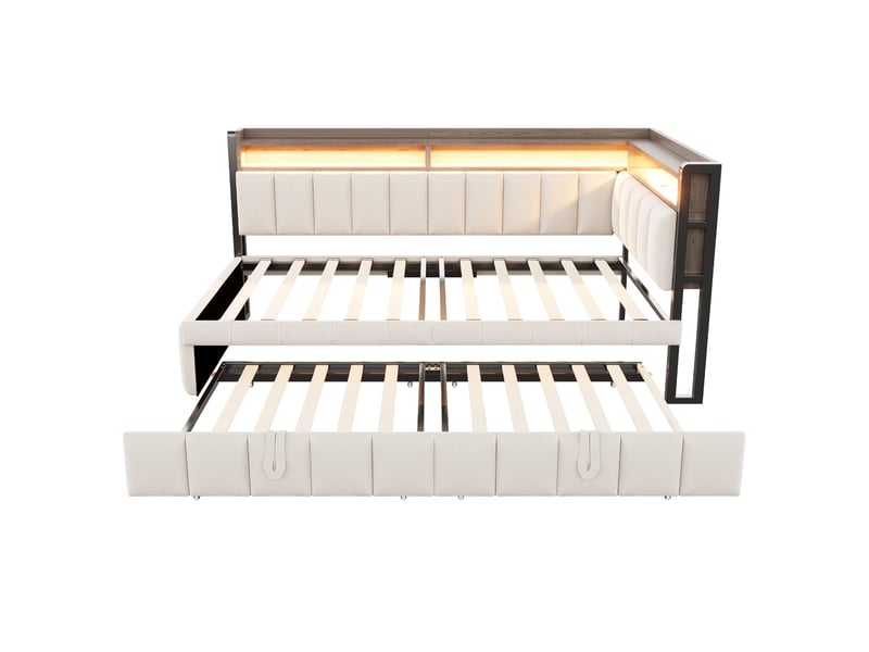 Banquette-lit gigogne 90x200 cm beige velours, led, usb-c, rangements - Conforama A