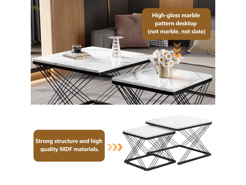  Ensemble 2 tables basses carrées effet marbre brillant 60x60x45 et 45x45x40 cm – pieds réglables, 30 kg, design moderne  - Conforama E