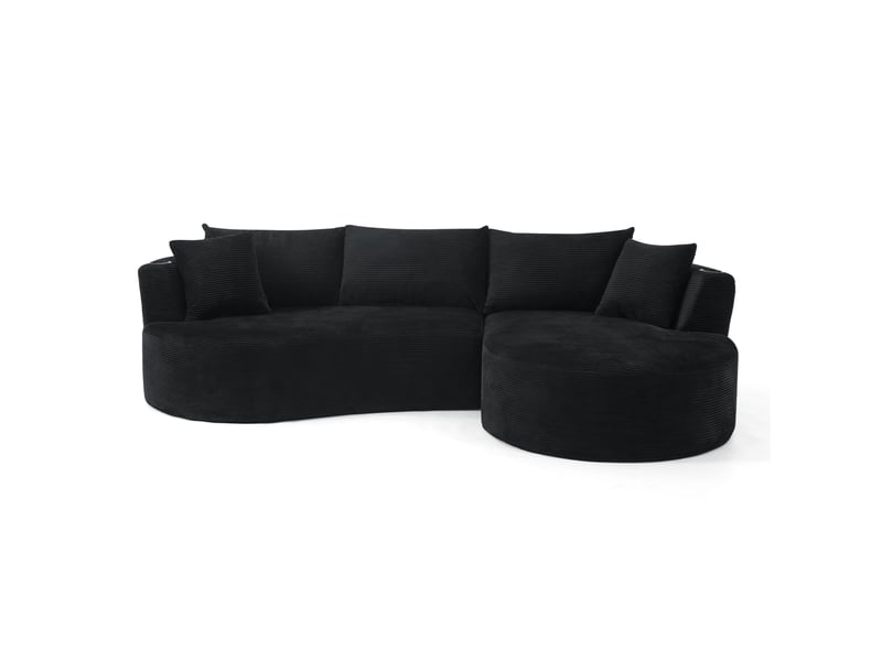  Canapé d'angle incurvé fixe 3 places en velours côtelé noir, méridienne à droite et porte-gobelets intégrés  - Conforama A