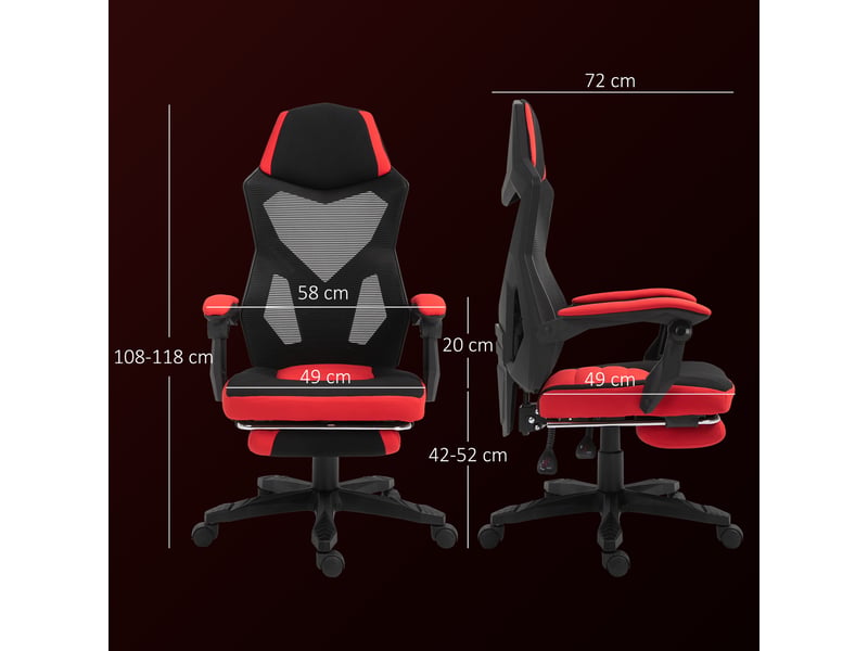  Chaise de bureau ergonomique inclinable avec repose-pieds en tissu à maille 58x63x112-122 cm noire et rouge  - Conforama C