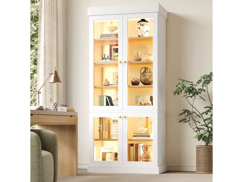  Vitrine lot de 2 avec 4 portes vitrées, 160 x 40 x 180 cm, éclairage led, étagères réglables et double anti-basculement, mdf, blanc Morn Vibe - Conforama D