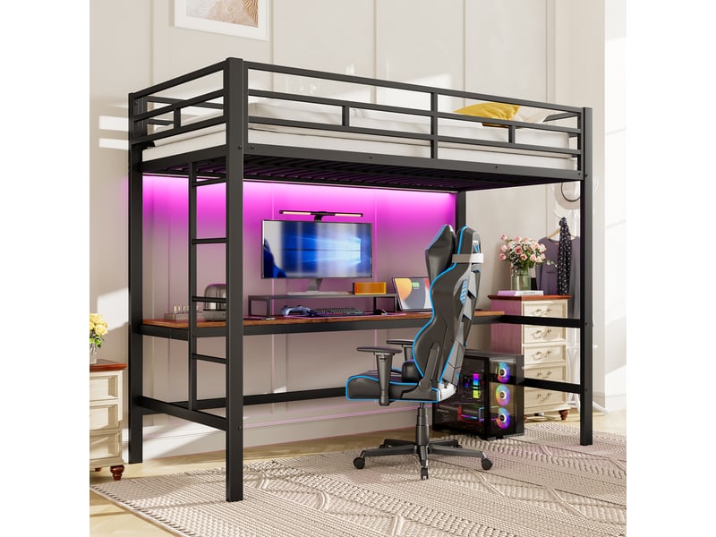 Lit mezzanine 90*200 cm, noir, sans matelas, structure métal, led et usb, échelle et garde-corps, conforme en747  - Conforama C