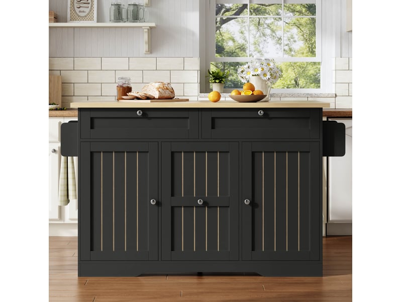  Îlot de cuisine mobile avec plan de travail extensible, chariot de service et armoire de rangement, tiroirs verticaux à deux niveaux, 2 grands tiroirs et roues à verrouillage, 120 × 45 (70) × 92 cm  - Conforama E