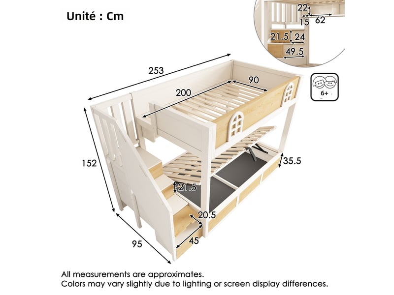  Lit superposé enfant 90x200 cm blanc et naturel bois et métal avec échelle armoire de rangement garde-corps sécurité et sommier inclus sans matelas Sol Morn - Conforama C