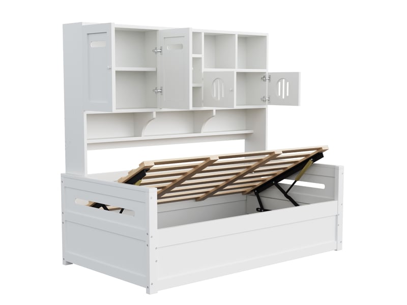 Lit banquette 90x200 cm – blanc – coffre hydraulique et rangements intégrés de tête de lit, sans matelas - Conforama E