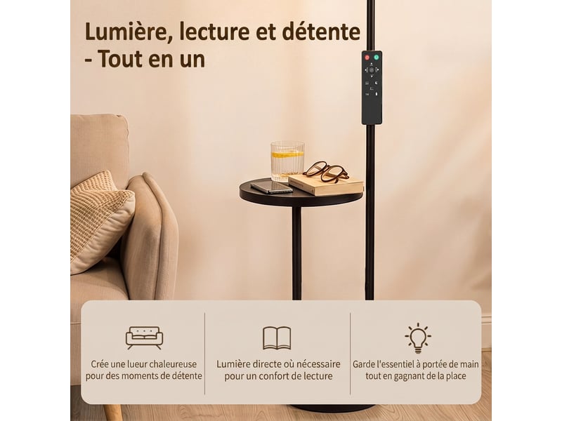 Lampadaire led dimmable 42w 4840lm liseuse réglable et tablette lampadaire sur télécommande noir pied salon 2700k-6000k - Conforama A