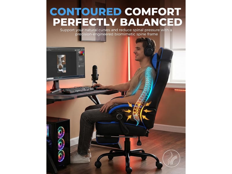 Gtplayer chaise de jeu avec repose-pieds, 180kg, soutien lombaire, appui-tête réglable, inclinable à 155° - bleu F59-BL-TJ - Conforama E
