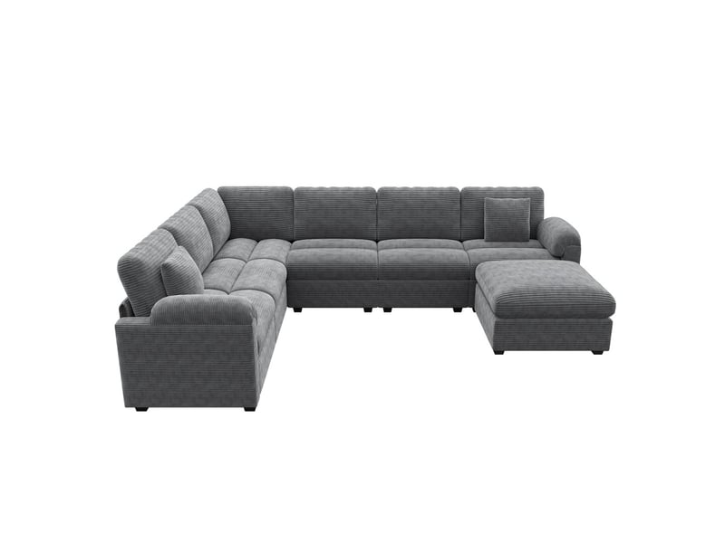 Canapé d'angle modulable xxl en velours gris 7 places avec coussins et pouf séparé pour salon - Conforama A