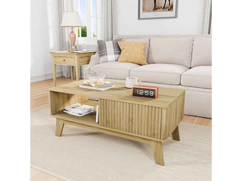  Table basse salon en bois ,table d'appoint avec porte coulissante,rangement, 95 x 41 x 48 cm,couleur bois naturel  - Conforama D