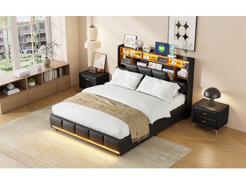  Lit double coffre - 140 x 190 cm-noir - en similicuir, avec tête de lit de rangement, led, station de charge et vérins hydrauliques  - Conforama C