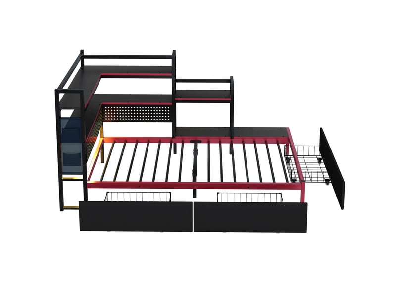  Lit simpple 90x200 cm, style gaming, 3 tiroirs, lit enfant, led, panneau perforé, rangement, métal noir sans matelas  - Conforama D