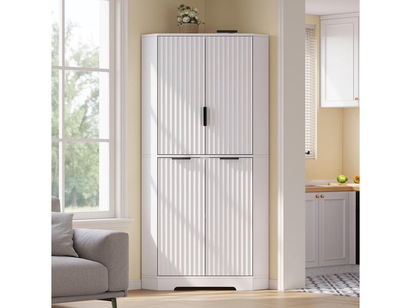  Buffet d'angle - 60x60x172cm - armoire colonne avec 4 portes cannelées ondulées, étagères réglables, anti-basculement - blanc  - Conforama B
