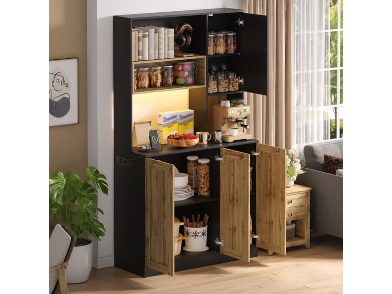 Armoire de cuisine haute avec éclairage led et prises, rangement avec étagères réglables, vitrine pour salon et salle à manger, 100 × 40 × 180 cm - Conforama D